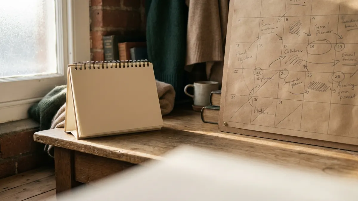 A blank desk calendar beside a pencil-marked wall planner on a wooden desk in winter morning light