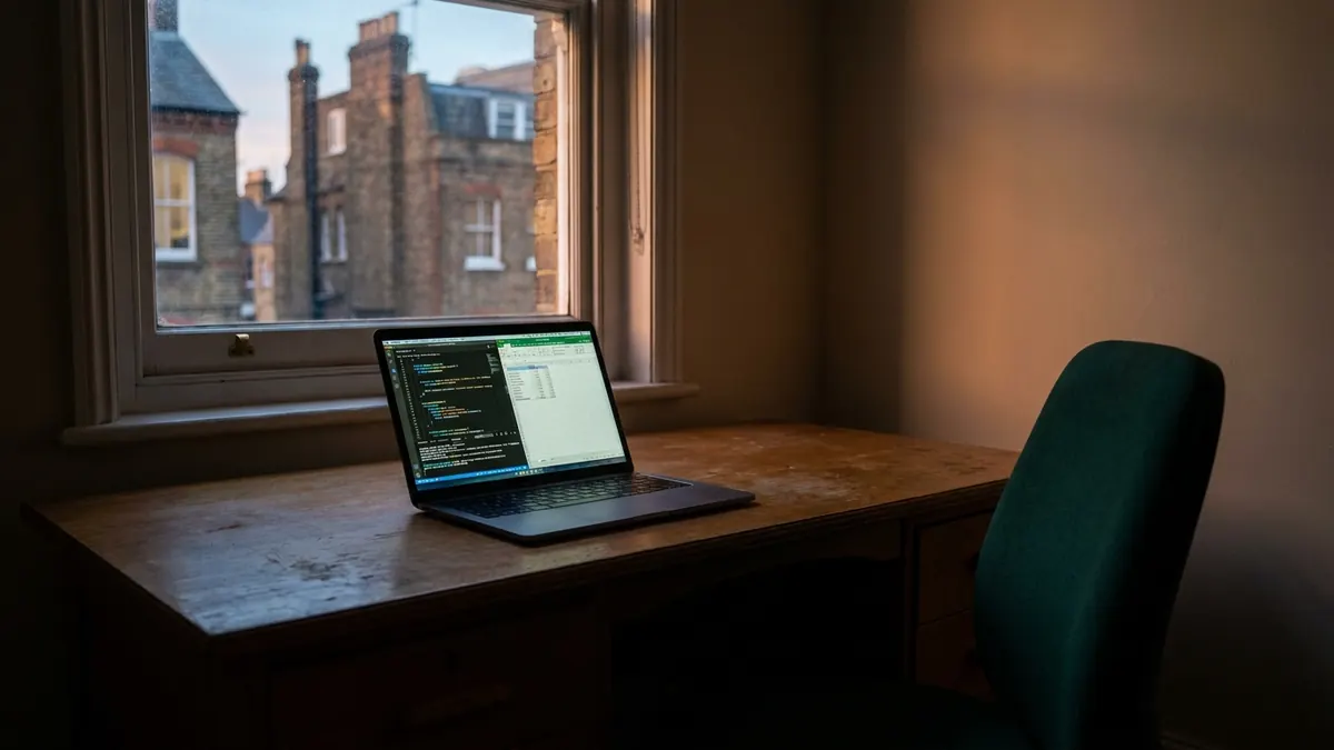 A laptop glowing on an empty desk in a darkened office at dusk, the chair pushed back