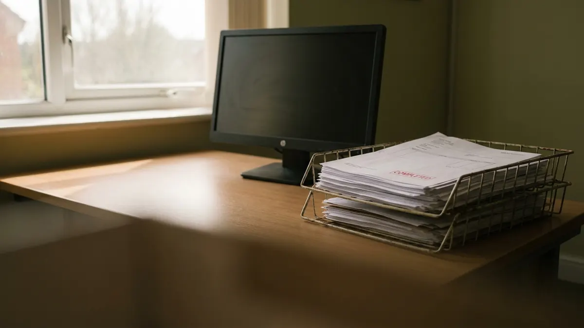 A tidy junior desk with the monitor off and a full in-tray of completed paperwork