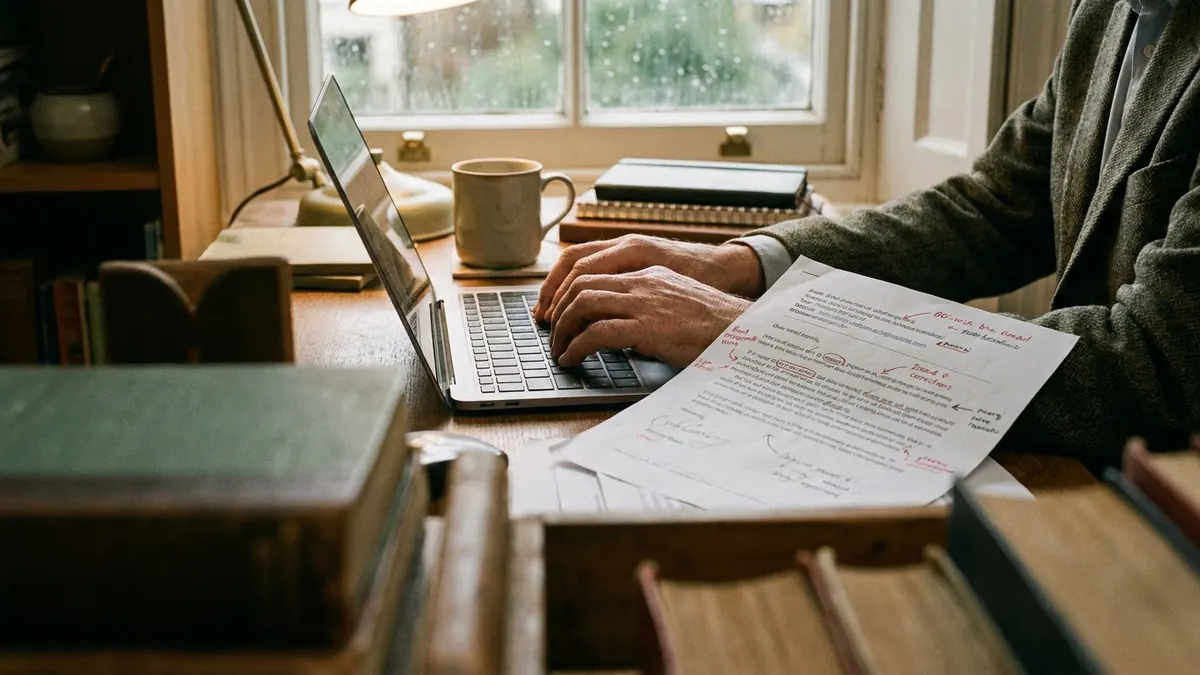 Hands at a laptop beside a printed email draft covered in handwritten pen corrections