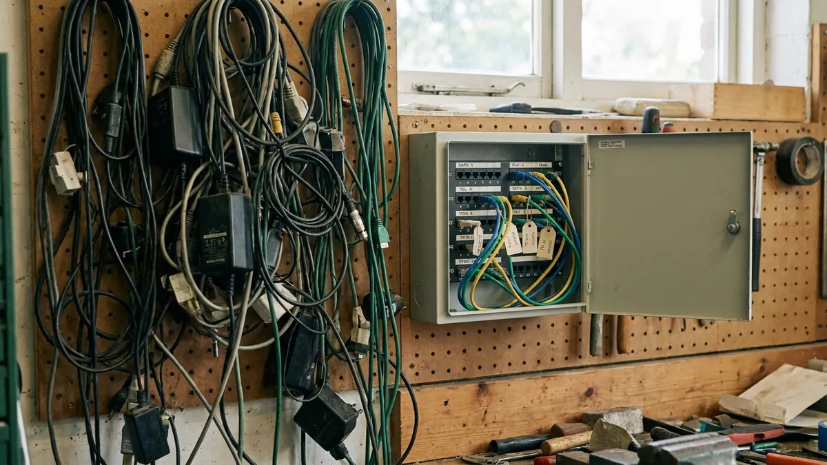A tangle of unlabelled cables on a workshop wall beside one small, neatly labelled patch panel