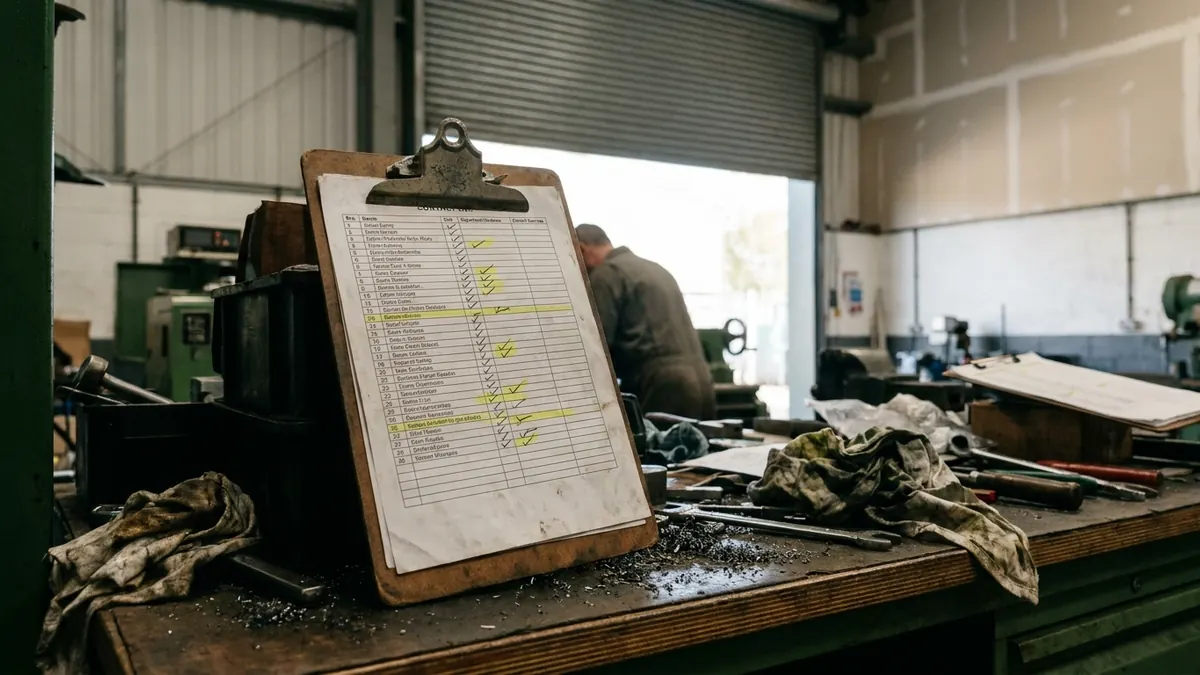 A printed contact list on a clipboard, marked with highlighter ticks, on a workbench in an industrial unit