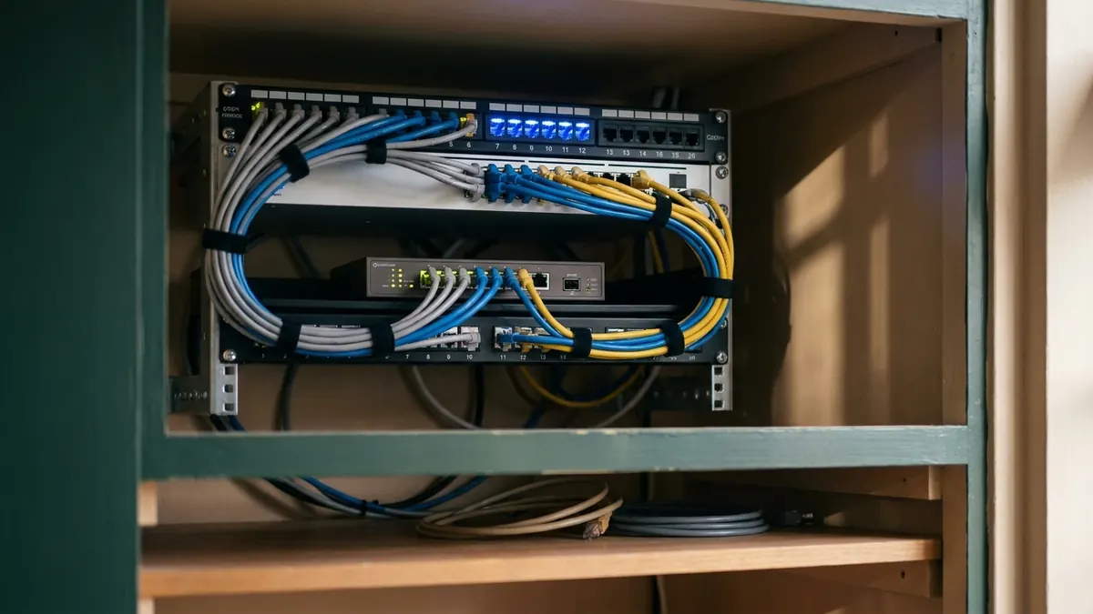 Indicator lights glowing on a small office router and patch panel with neatly dressed cables