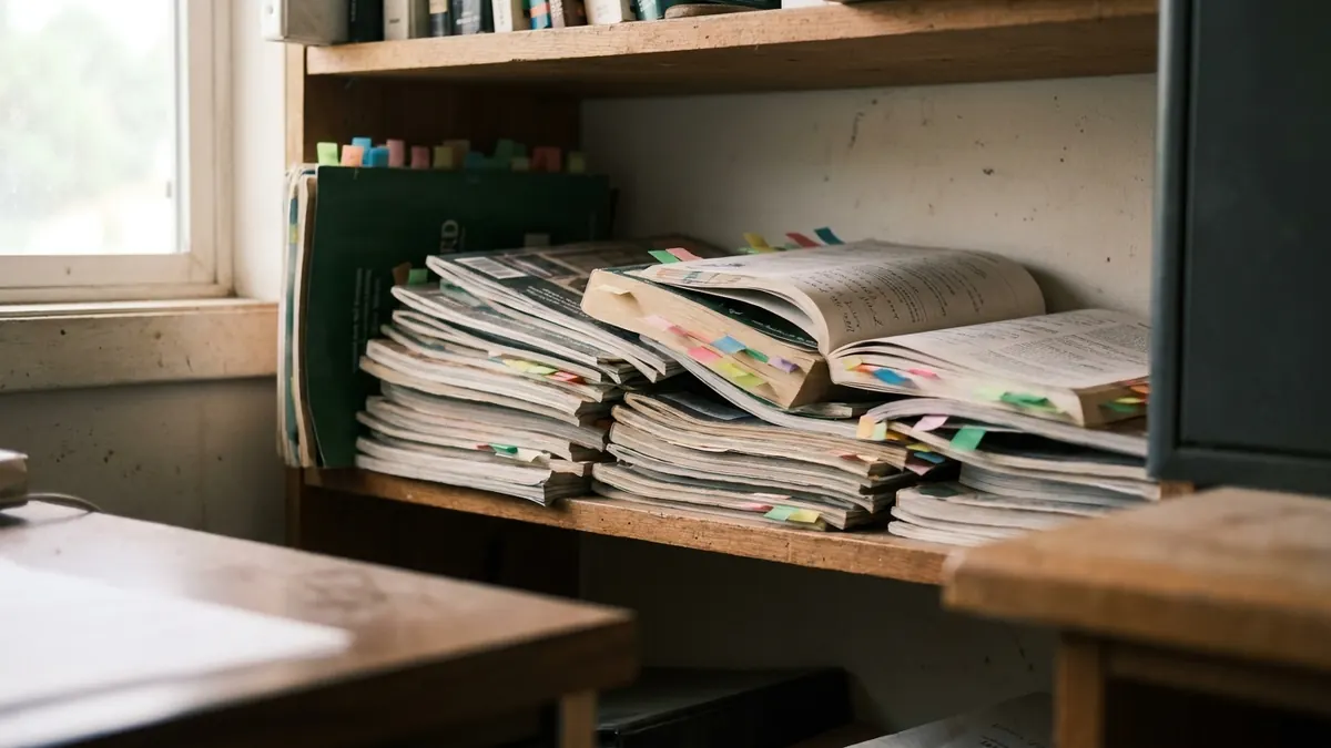 A stack of well-thumbed trade magazines marked with dozens of sticky page tabs