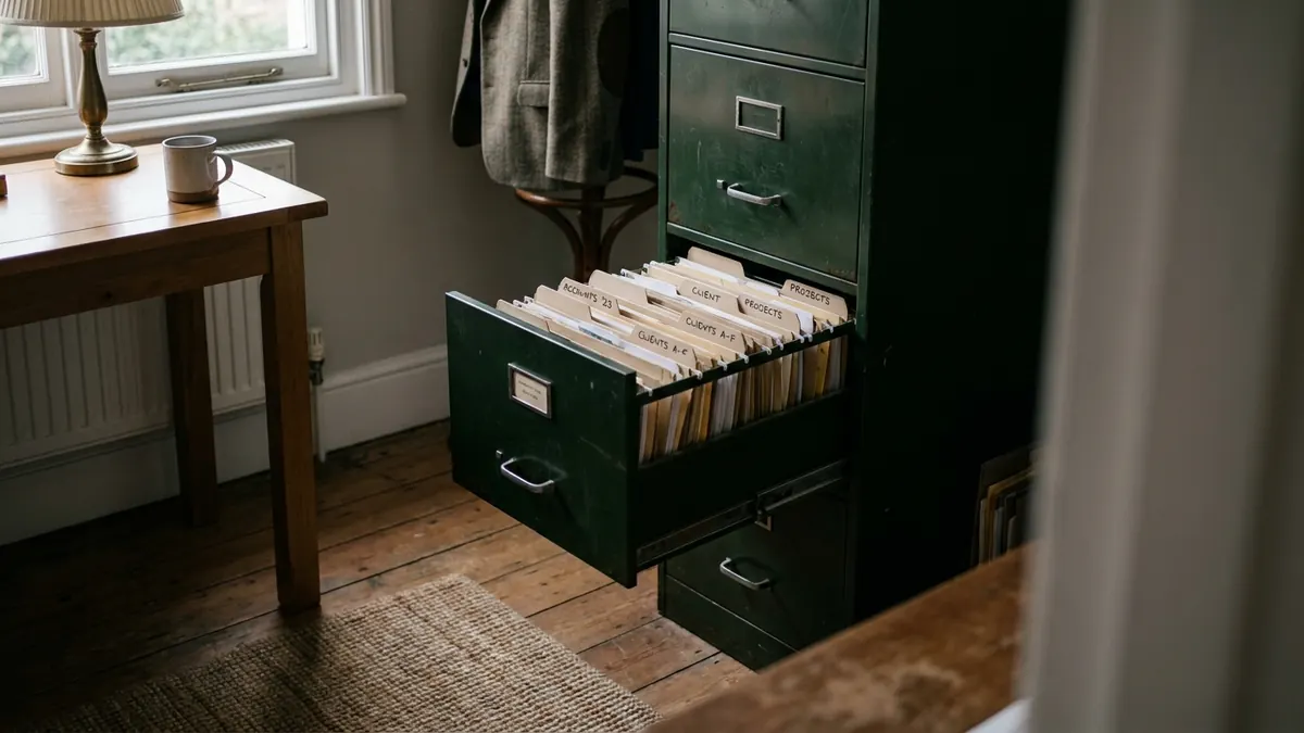 An open filing cabinet drawer of neat hand-labelled folders in a small office