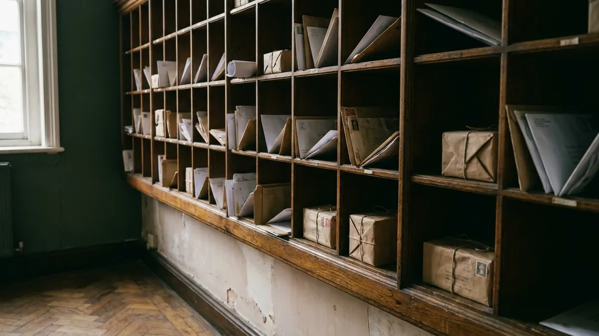 A wooden wall of pigeonhole mail slots each holding different letters and parcels