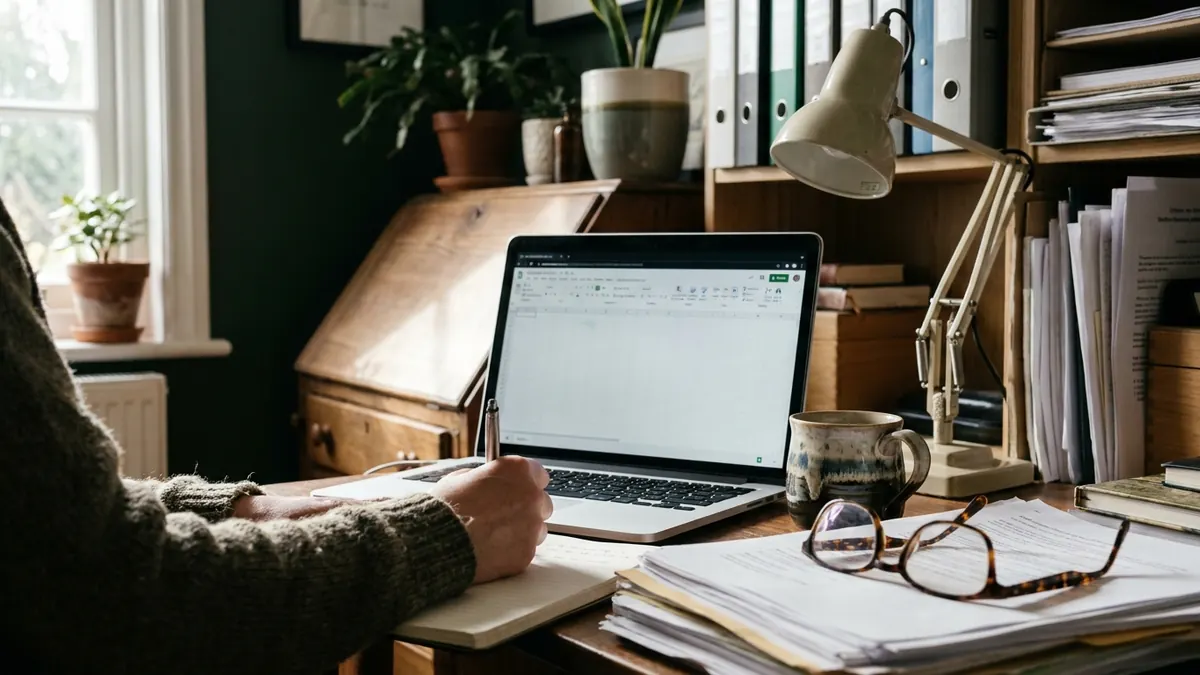 A hand writing notes on paper beside a laptop showing a plain spreadsheet on a working desk