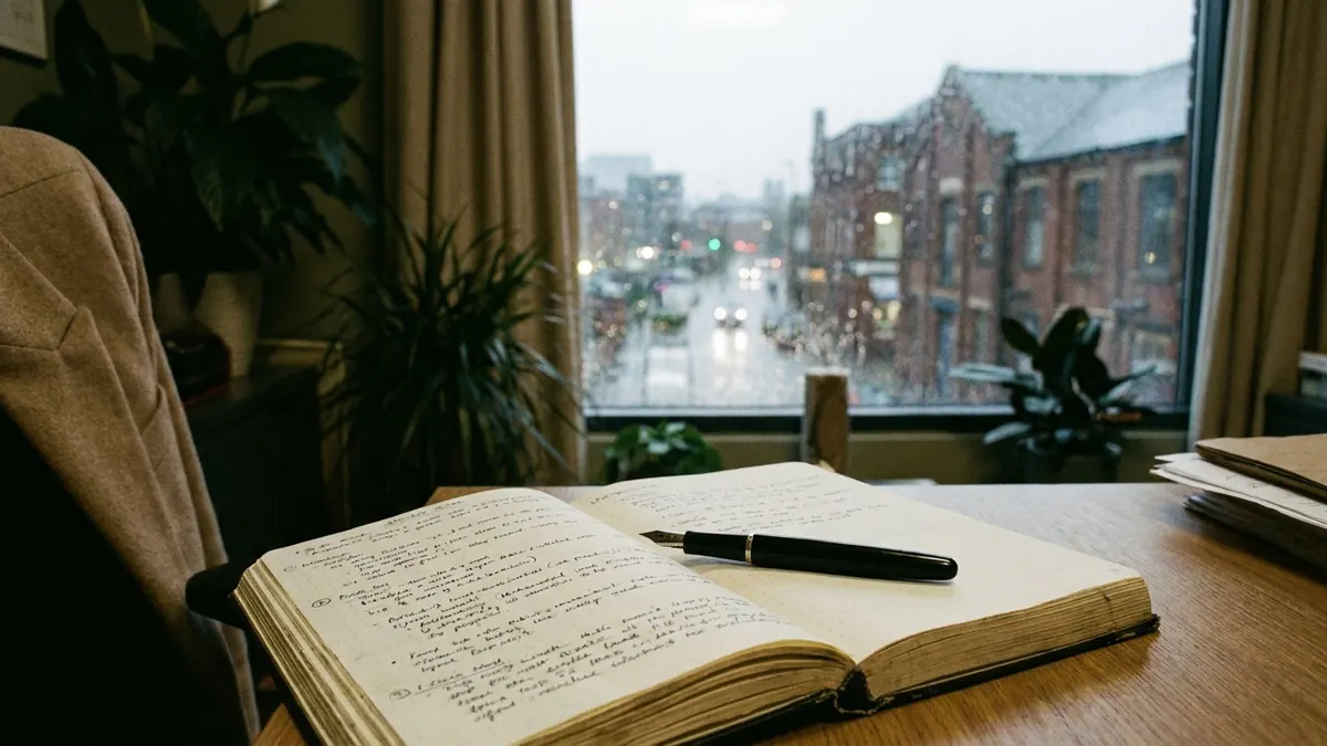Rain on an office window at dusk with a notebook of handwritten notes on the desk