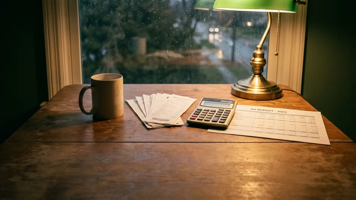 A kitchen table with a calculator, receipts, a printed budget sheet and a mug of tea in evening light