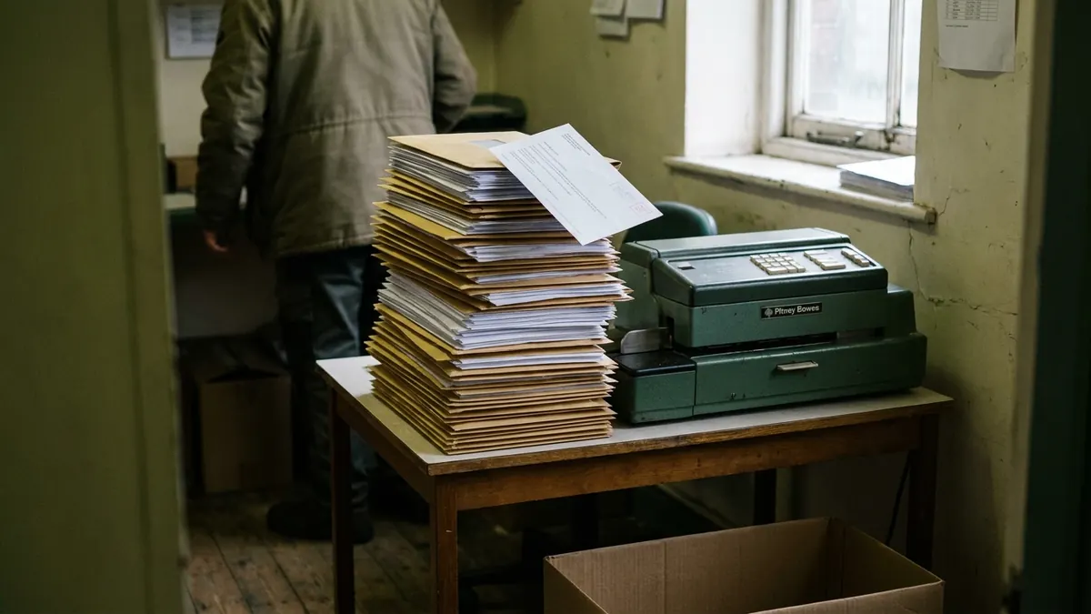 A tall stack of identical printed letters beside a franking machine