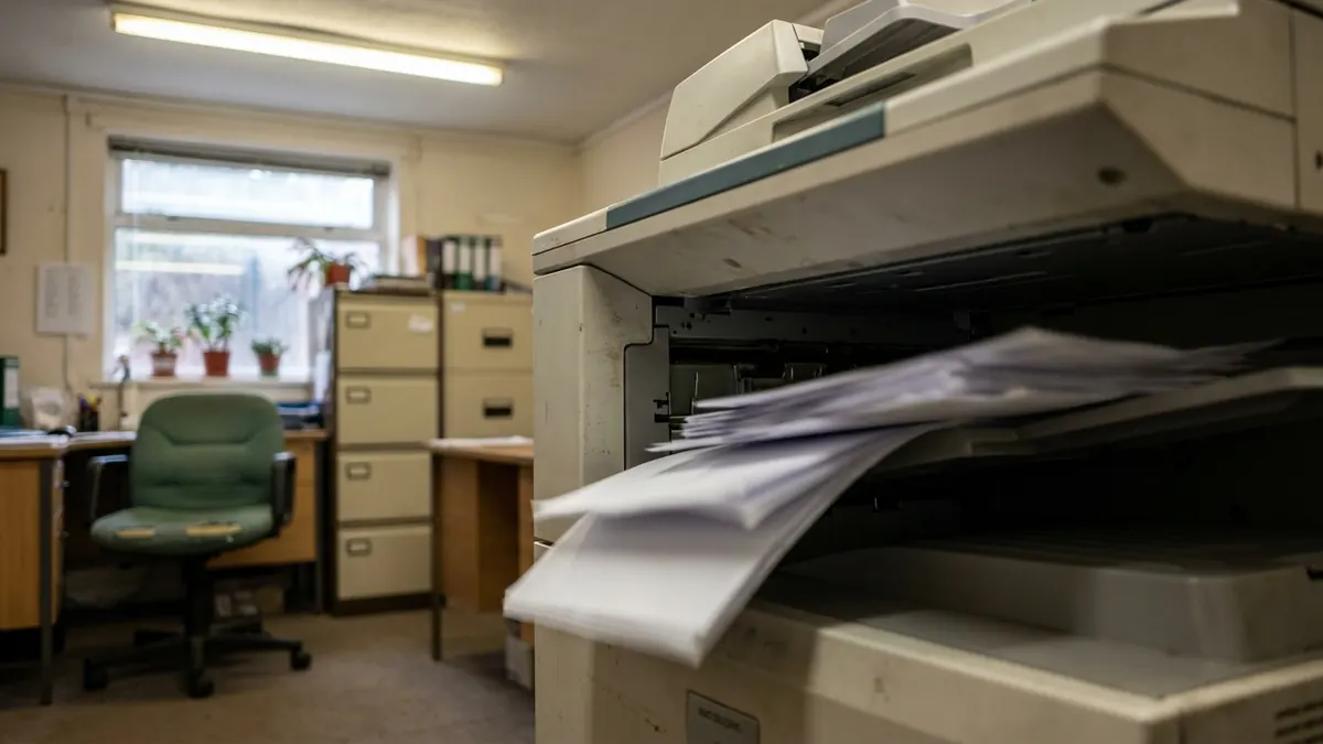 A photocopier churning out identical pages into an overflowing tray