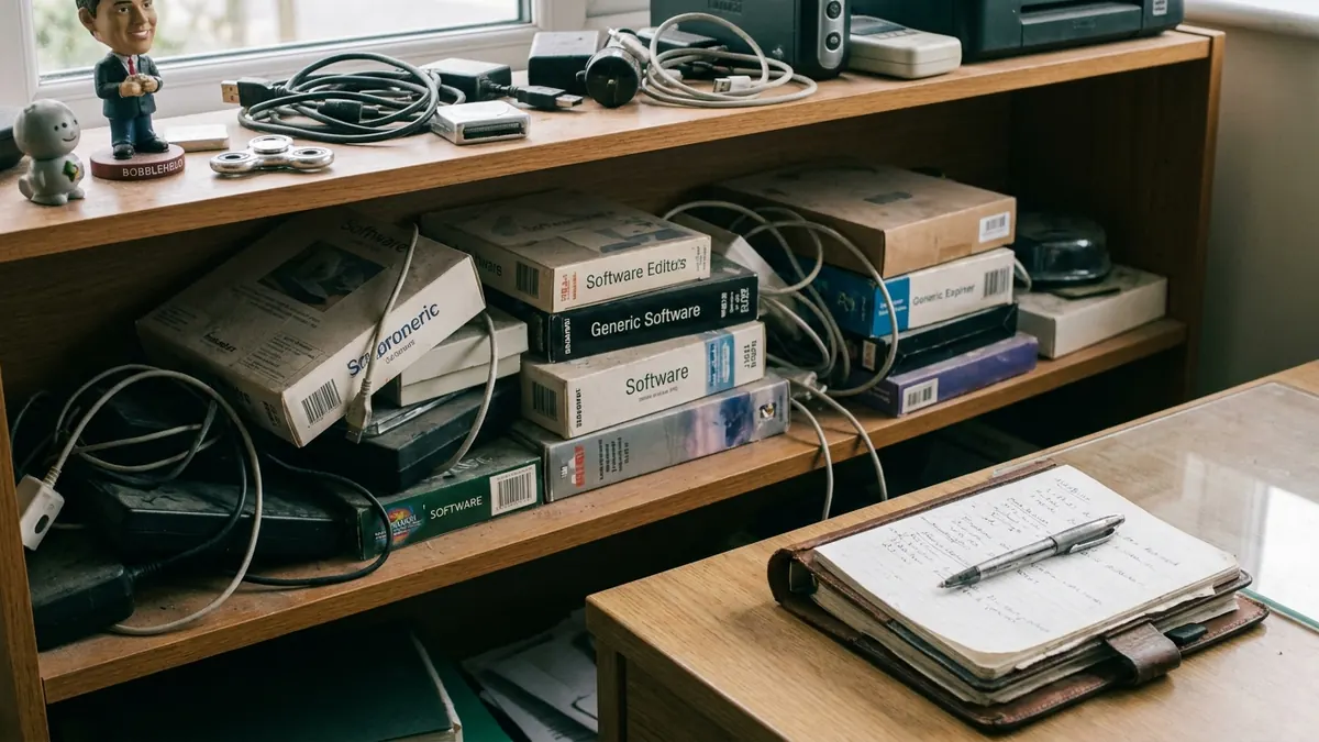 A crowded office shelf of dusty gadgets and software boxes with one well-used notebook in front