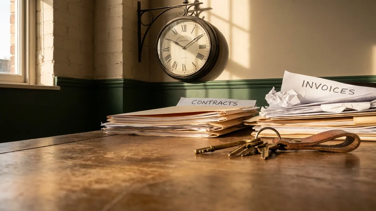 A station-style wall clock above a desk of contracts with a set of business keys in the foreground