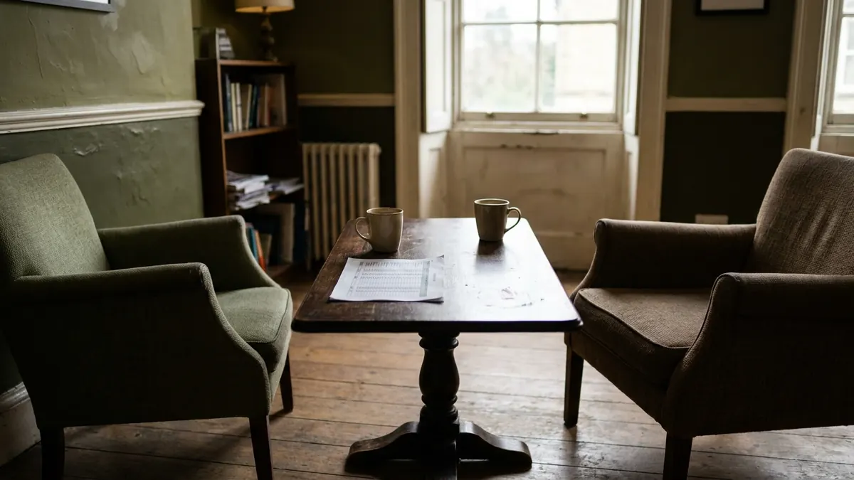 Two chairs facing each other across a small table with a printed spreadsheet and two coffees between them