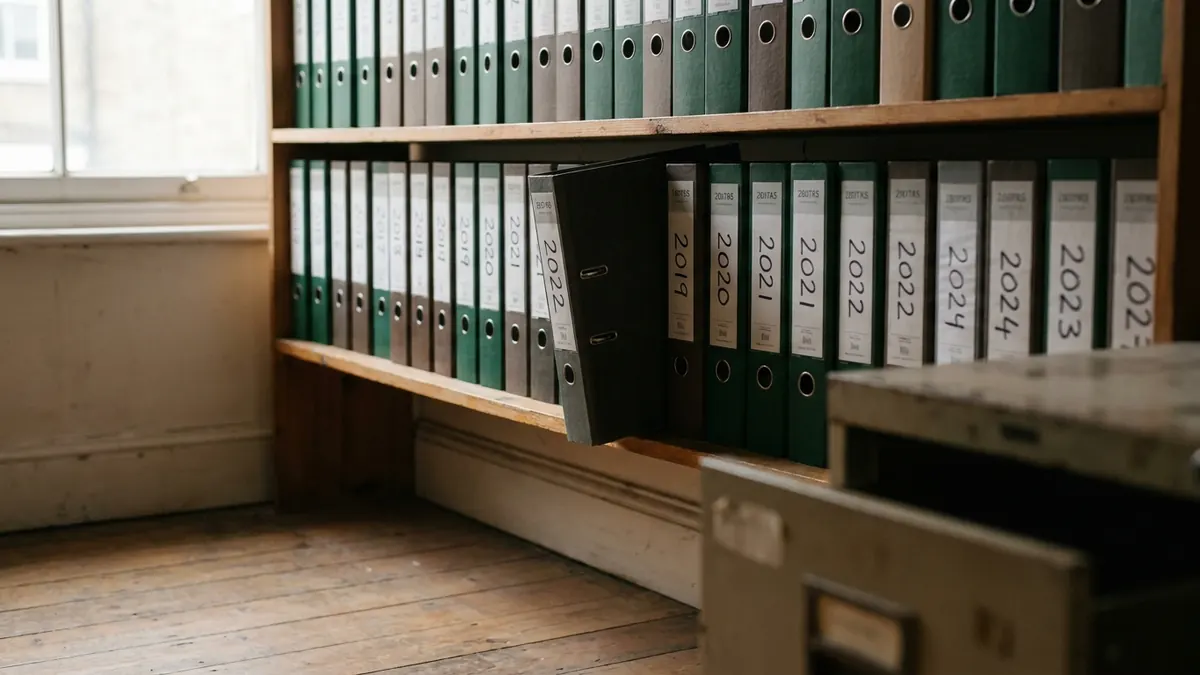 A shelf of ring binders of filed annual accounts labelled by year, one pulled out slightly