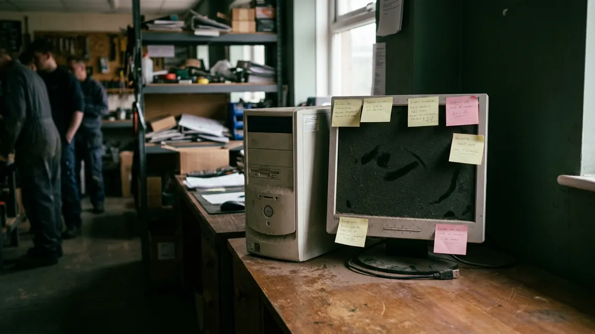 A dusty switched-off desktop computer in the corner of a busy workshop office, sticky notes on the monitor