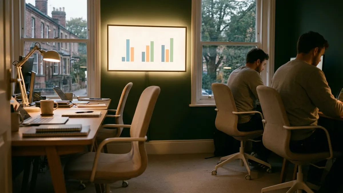 A wall-mounted screen of simple bar charts glowing in a small office seen past two desks