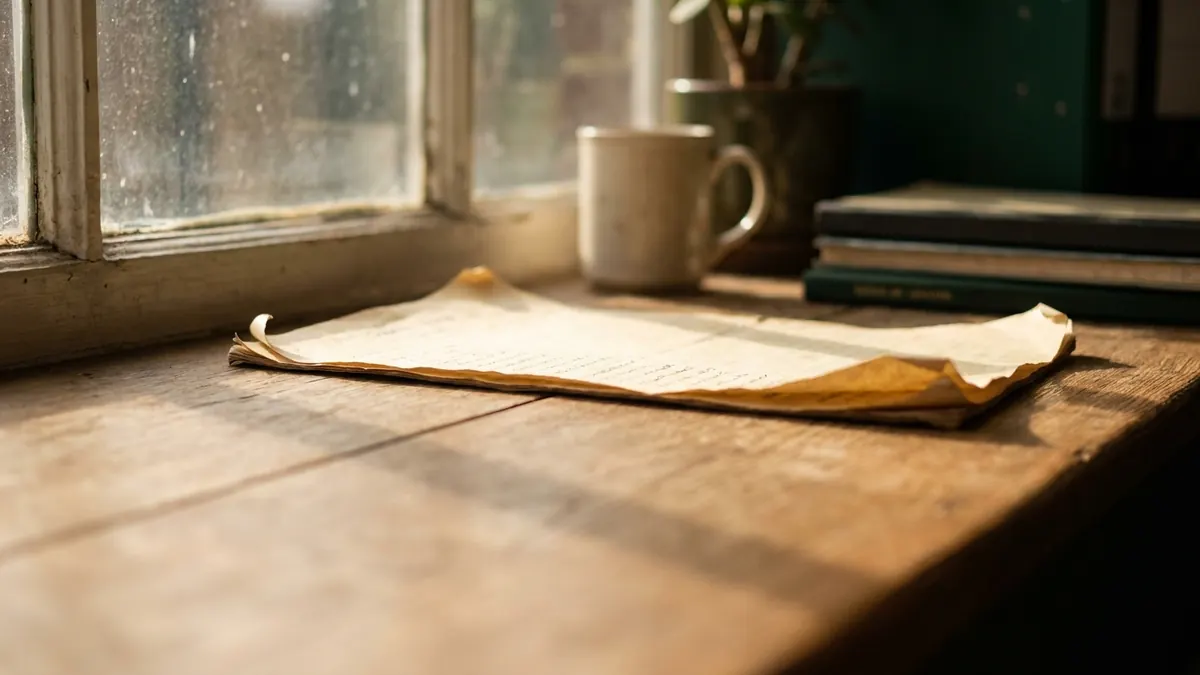 A yellowing printed contact list curling at the edges on a sunny windowsill