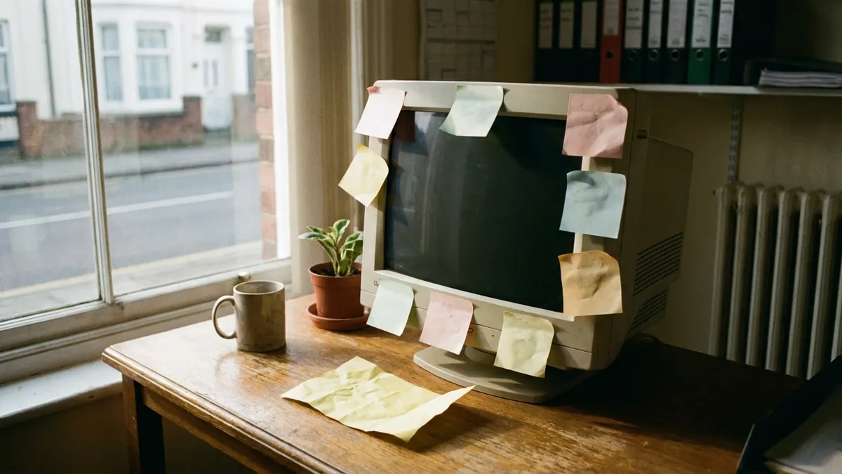Fading sticky notes on the edge of a monitor with one fallen to the desk