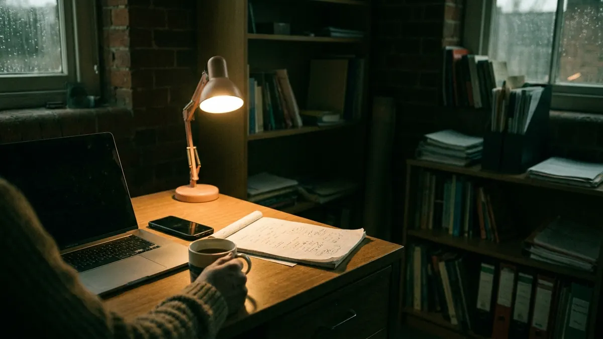 A single lit desk with laptop, phone and notepad in a dark brick-walled office before dawn