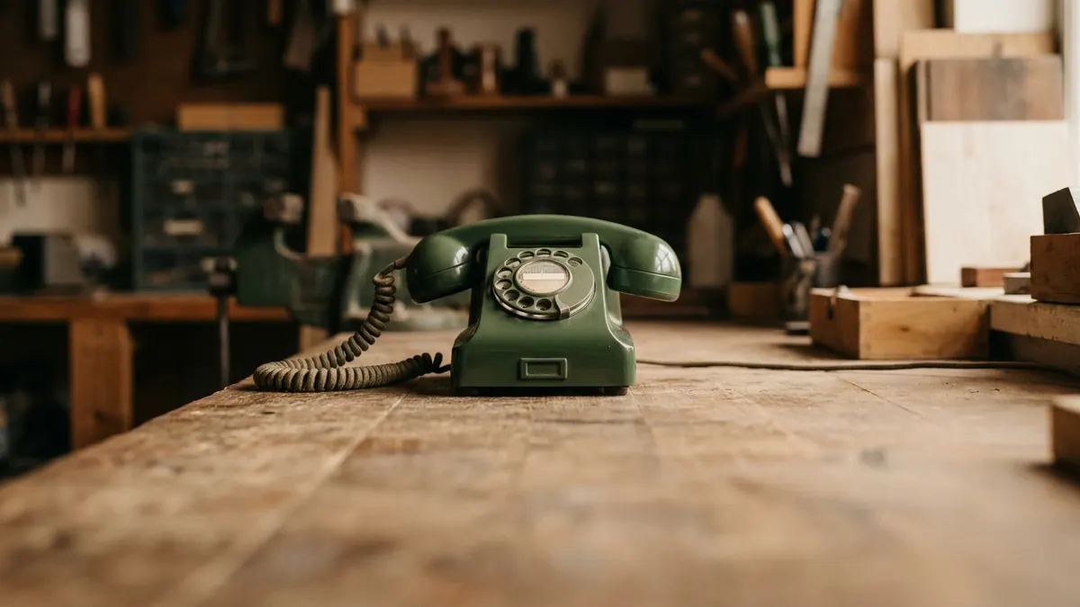 A classic corded desk telephone on a clean workbench in warm side light
