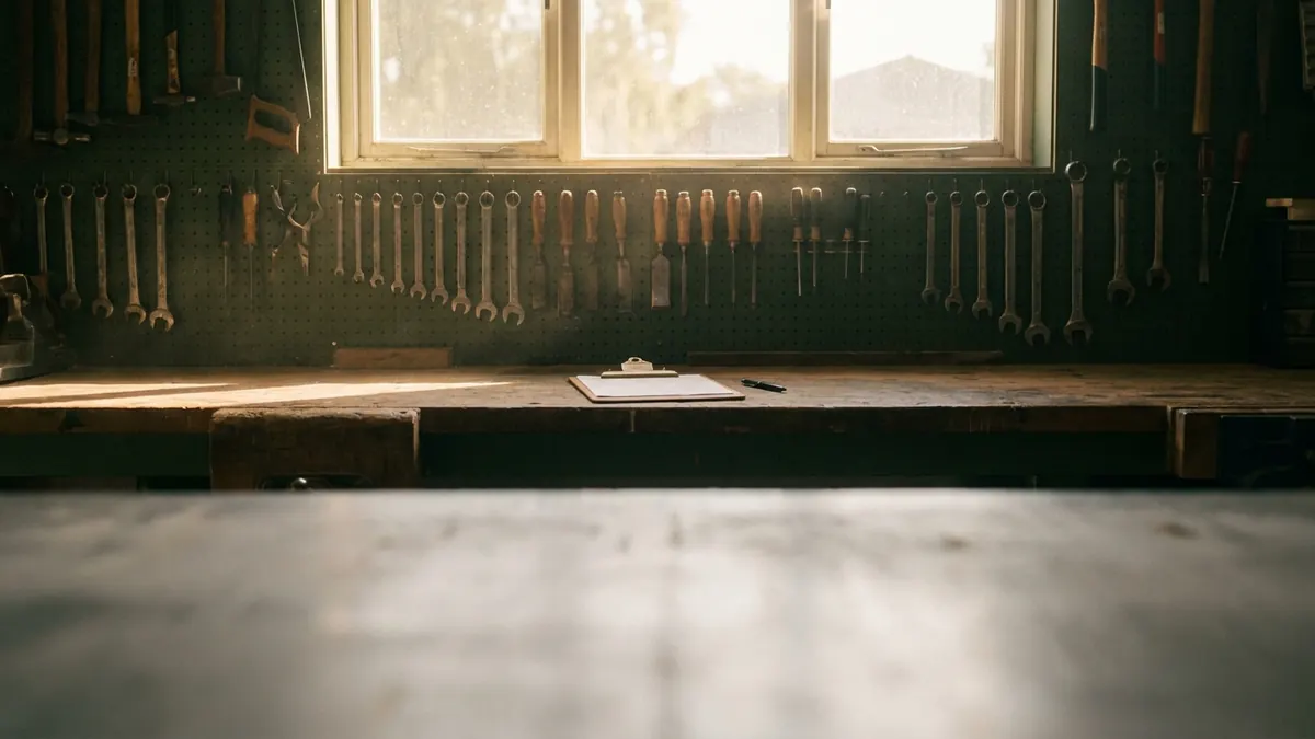 An empty tidy workshop in soft morning light with tools hung in rows and a clipboard on the bench