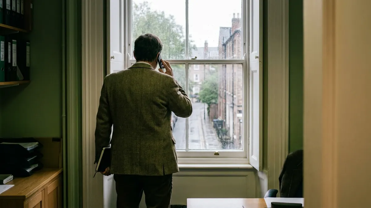A person seen from behind on a phone call at an office window, notebook in hand