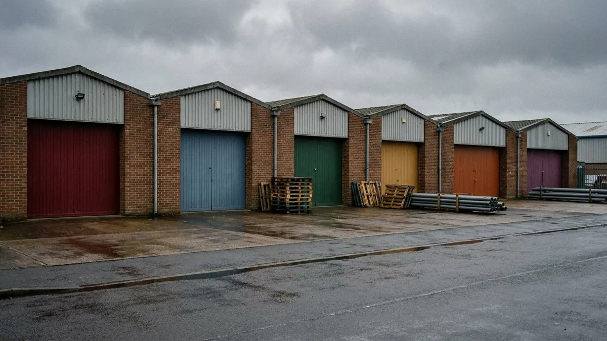 Six identical small industrial units in a row, each with a different coloured door