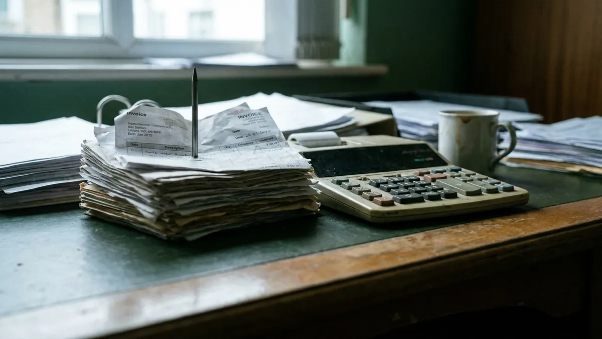 A dense stack of monthly invoices on a desk spike beside a calculator