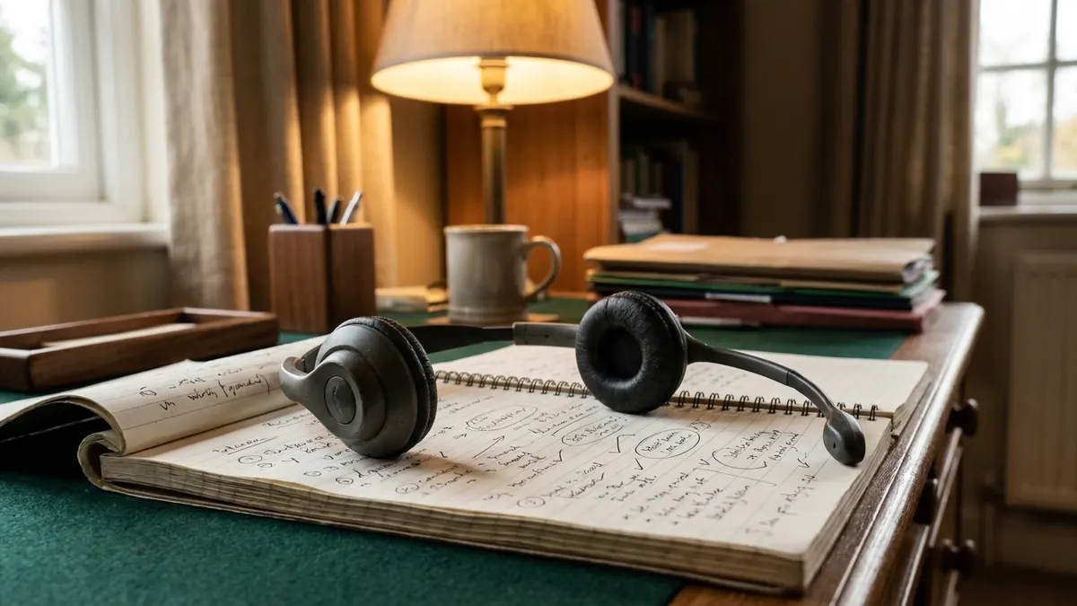 A telephone headset resting on a notepad of dense handwritten call notes