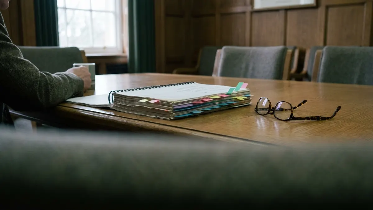 A thick spiral-bound report with tabbed pages open on a boardroom table
