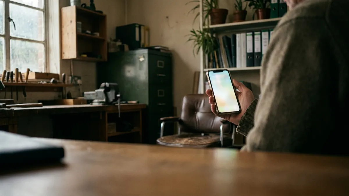 Over-the-shoulder view of a person holding a phone with a softly blurred bright screen