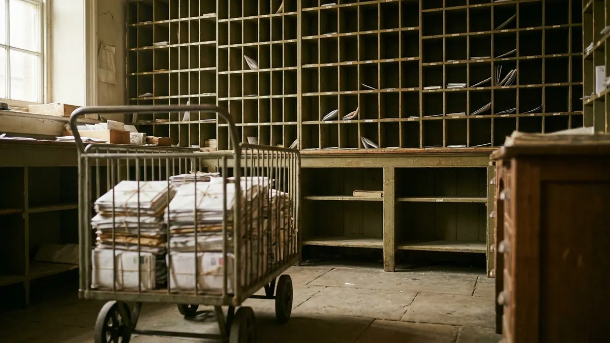 A floor-to-ceiling pigeonhole sorting wall with a cart of bundled letters in front