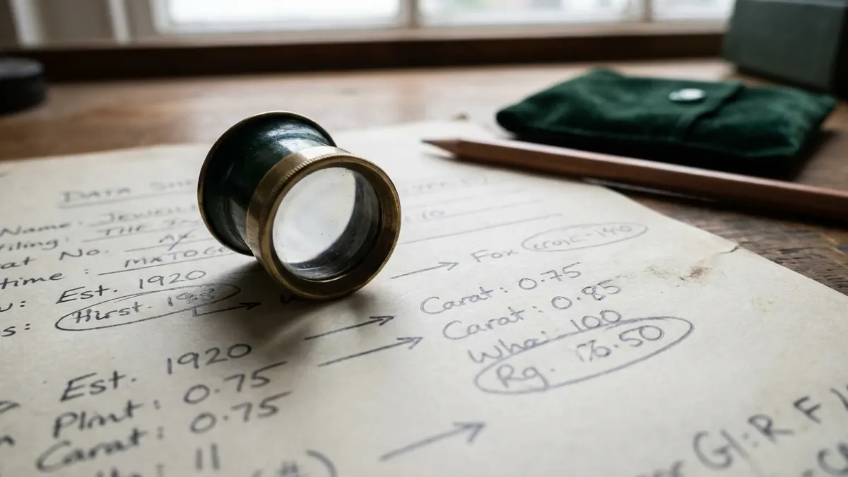 A jeweller's loupe on a printed data sheet with pencilled annotations and circled figures