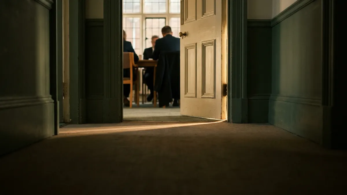 An office door slightly ajar with warm light spilling into a dark corridor