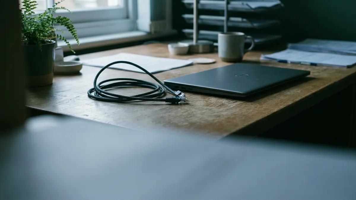 An unplugged network cable coiled on a desk beside a closed laptop