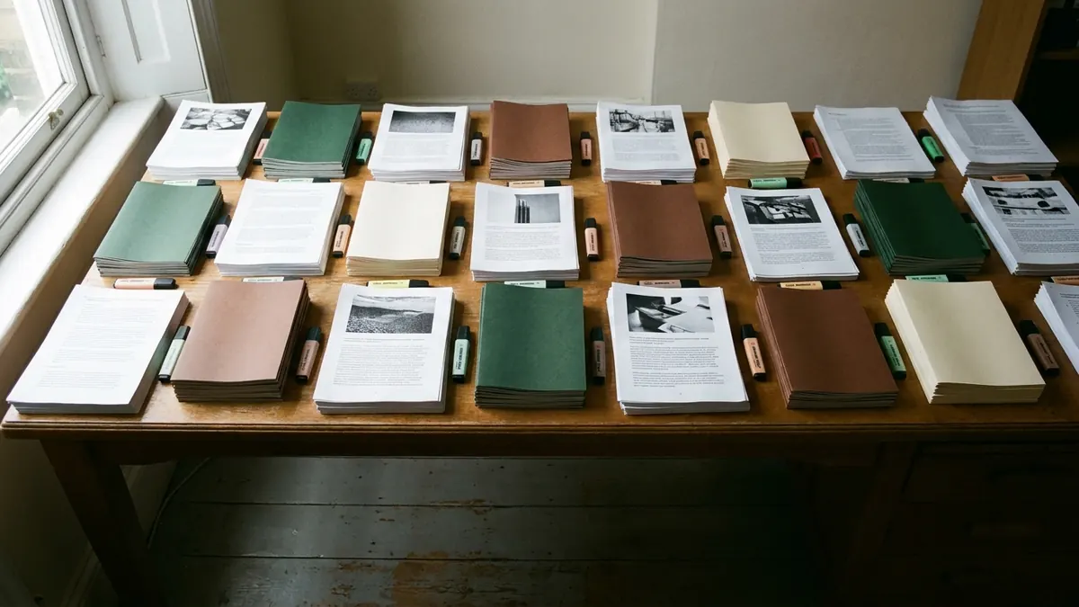 A desk covered in printed research and competitor brochures arranged in a careful grid, seen from above