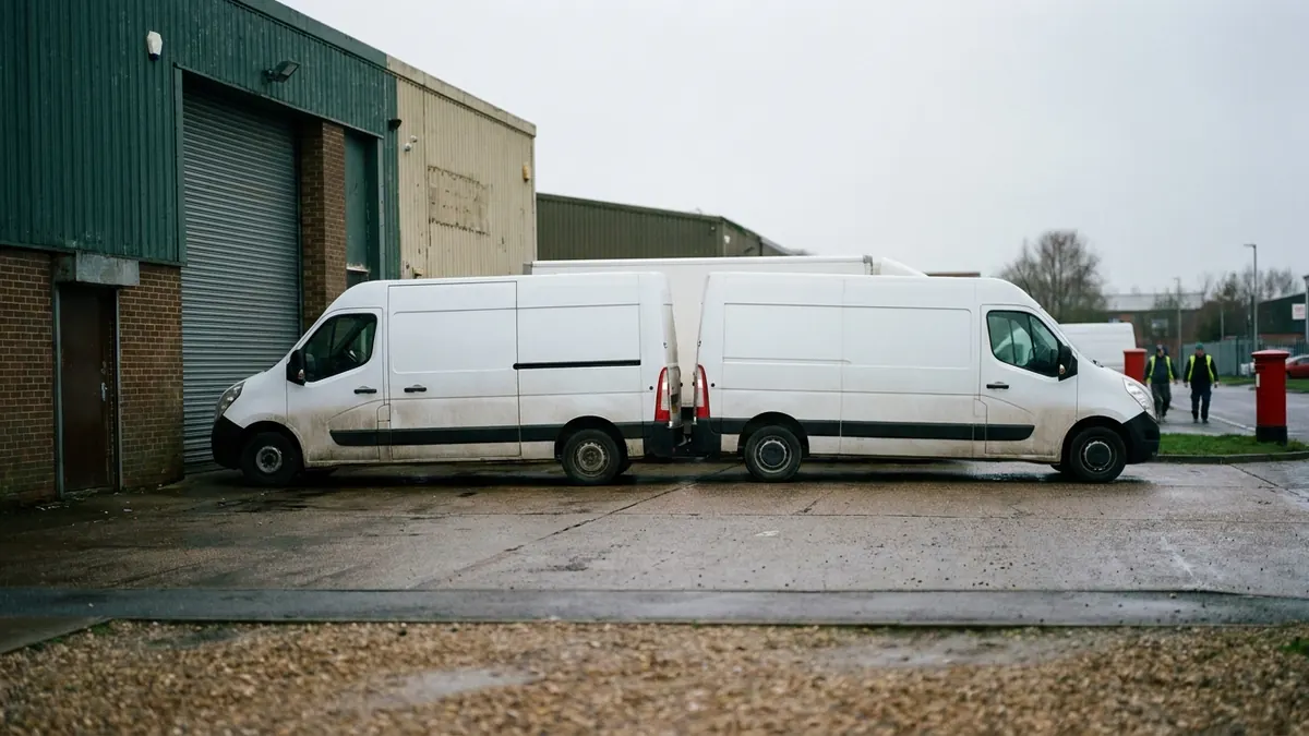 Two plain delivery vans parked nose to tail outside the same industrial unit