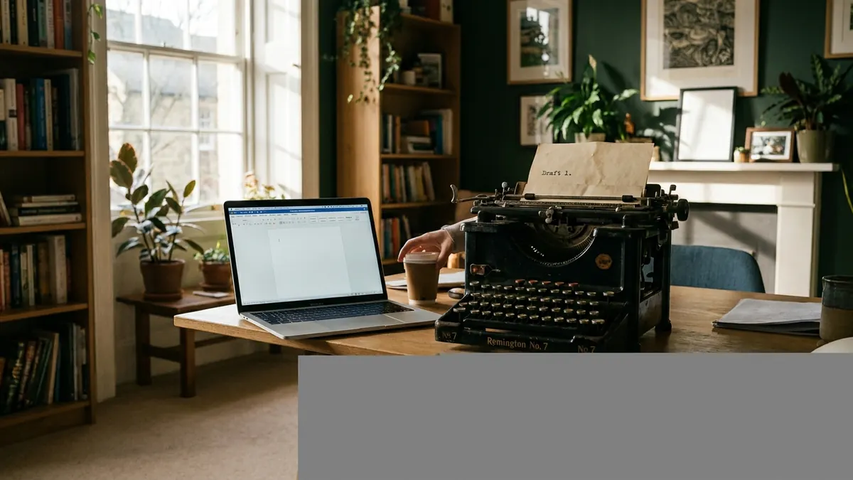 A vintage typewriter and a modern laptop side by side on one desk