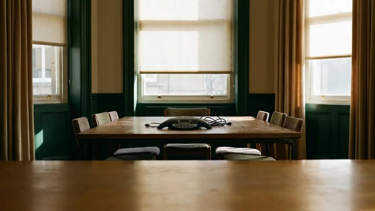 An unused conference phone in the middle of an empty meeting room table