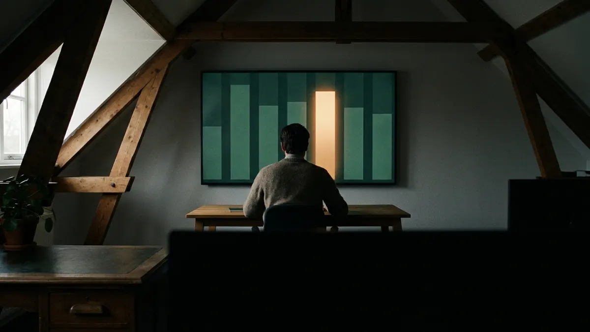 A dark office lit by a wall screen of charts with one amber bar among green bars
