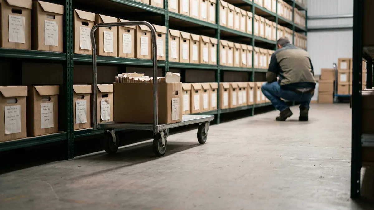 Neatly labelled archive boxes on warehouse racking with one open box on a trolley
