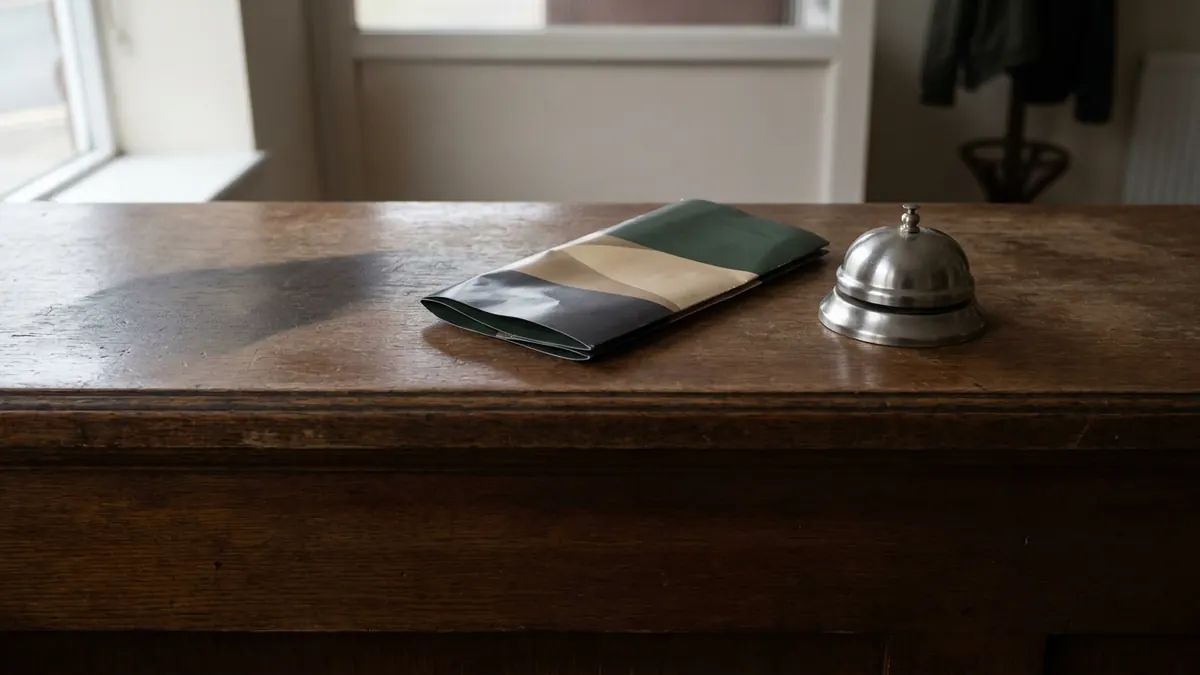 A glossy tri-fold brochure abandoned on an unmanned reception counter beside a call bell